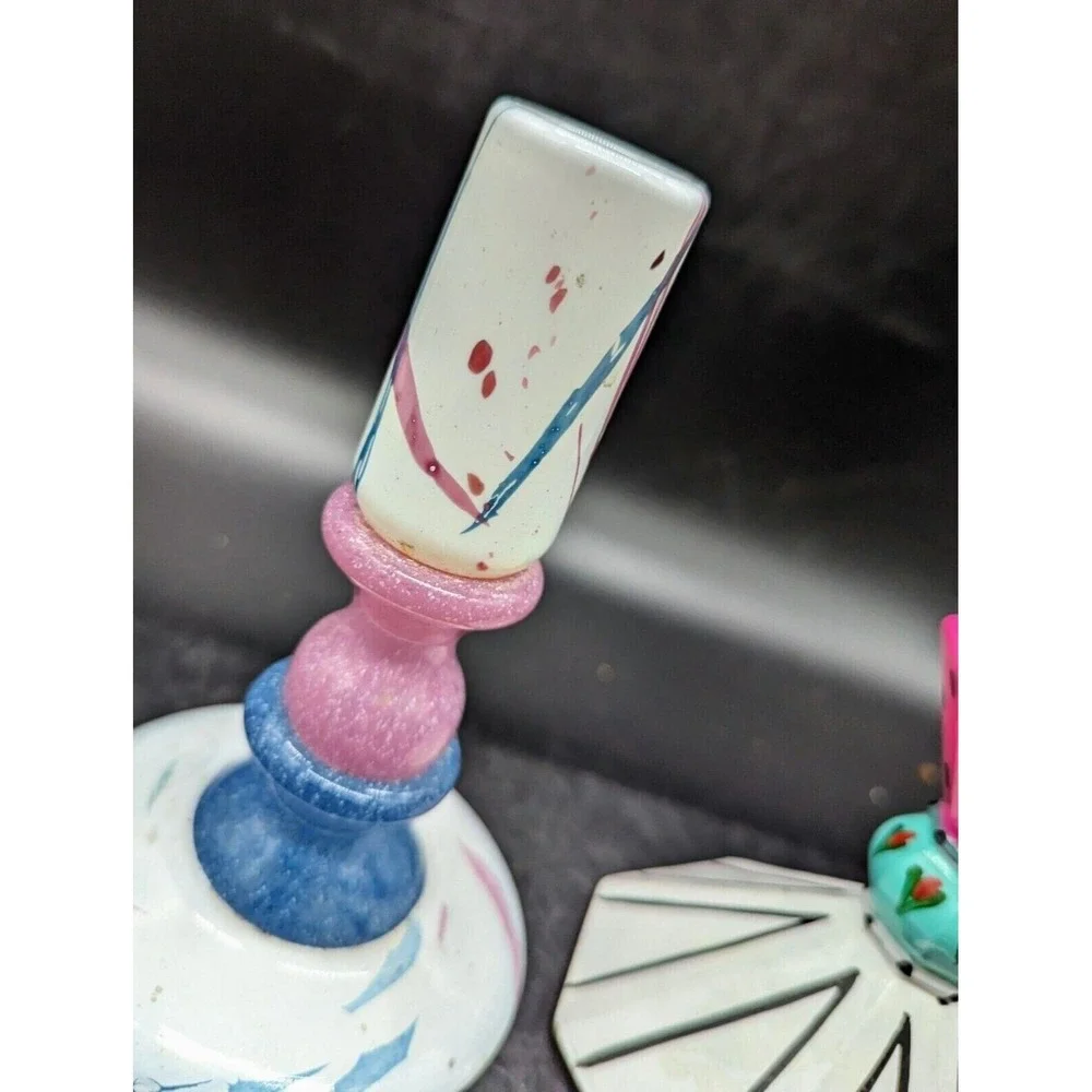 Vintage Hand Blown Art Glass Candle Holder Candlestick Signed White Pink